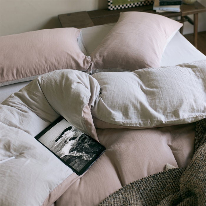 91家纺网 家纺一手货源 找家纺 安莱生活 2022新款全棉双层纱纯色四件套--侘寂风 灰粉