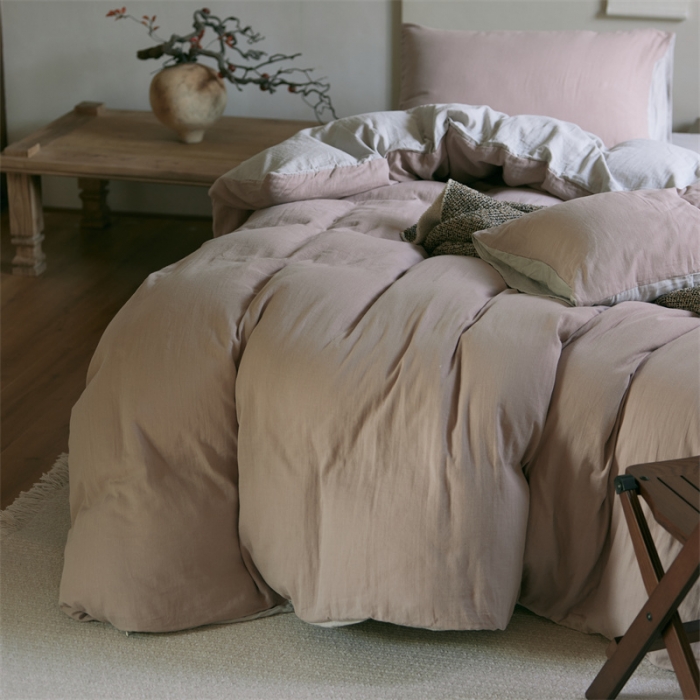 91家纺网 家纺一手货源 找家纺 安莱生活 2022新款全棉双层纱纯色四件套--侘寂风 灰粉