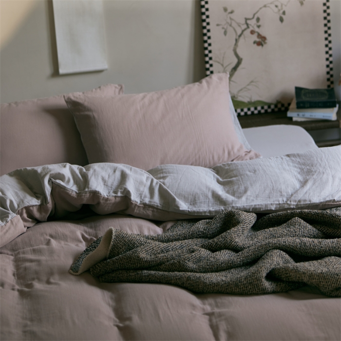 91家纺网 家纺一手货源 找家纺 安莱生活 2022新款全棉双层纱纯色四件套--侘寂风 灰粉