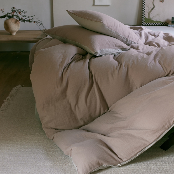 91家纺网 家纺一手货源 找家纺 安莱生活 2022新款全棉双层纱纯色四件套--侘寂风 灰粉