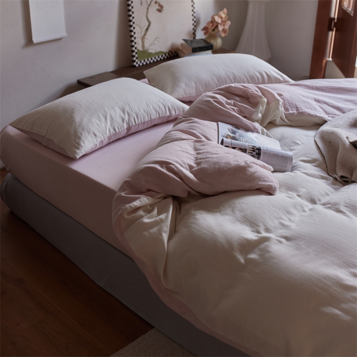 91家纺网 家纺一手货源 找家纺 安莱生活 2022新款全棉双层纱纯色四件套--侘寂风 奶粉