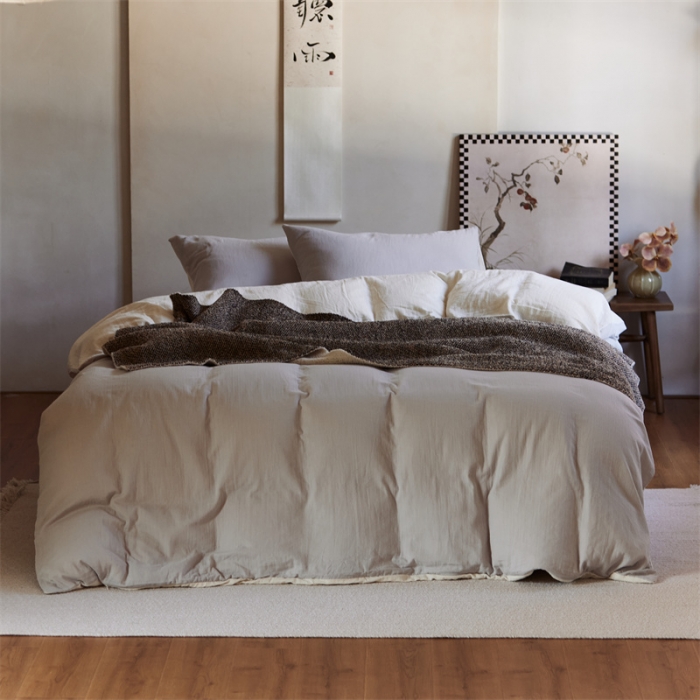 91家纺网 家纺一手货源 找家纺 安莱生活 2022新款全棉双层纱纯色四件套--侘寂风 奶盐