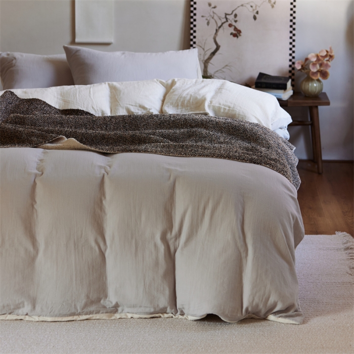 91家纺网 家纺一手货源 找家纺 安莱生活 2022新款全棉双层纱纯色四件套--侘寂风 奶盐