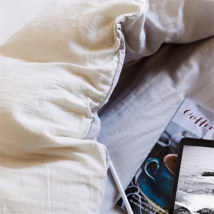 91家纺网 家纺一手货源 找家纺 安莱生活 2022新款全棉双层纱纯色四件套--侘寂风 奶盐