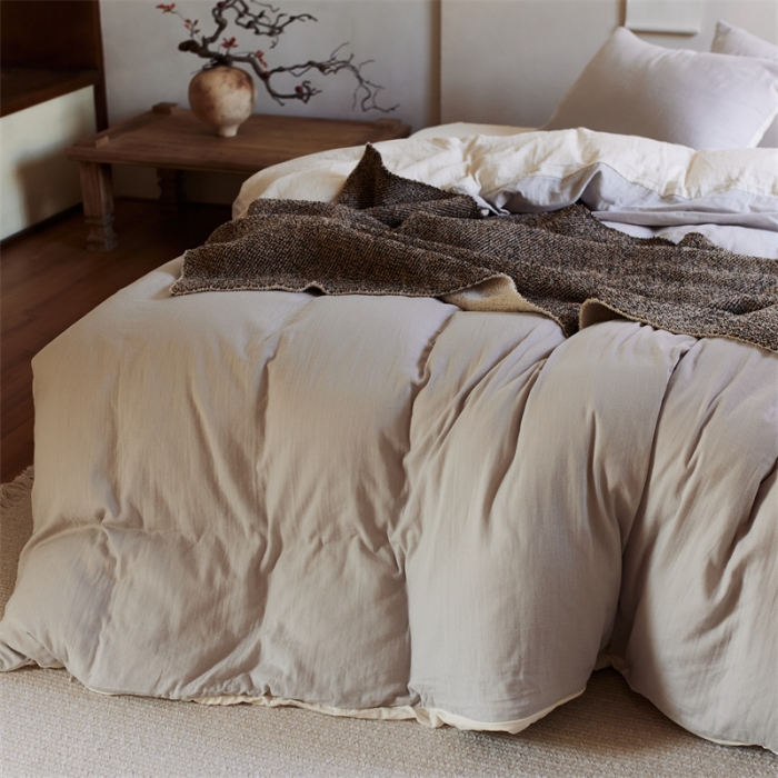 91家纺网 家纺一手货源 找家纺 安莱生活 2022新款全棉双层纱纯色四件套--侘寂风 奶盐