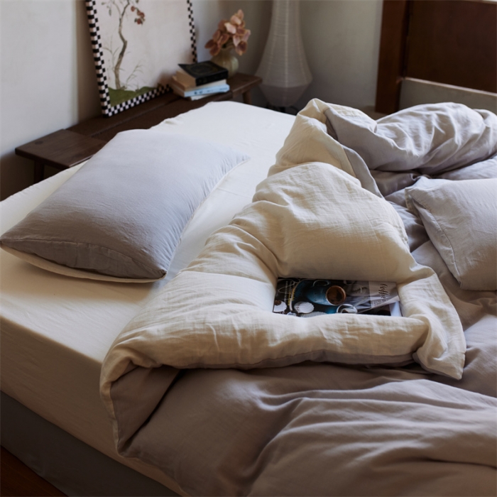 91家纺网 家纺一手货源 找家纺 安莱生活 2022新款全棉双层纱纯色四件套--侘寂风 奶盐