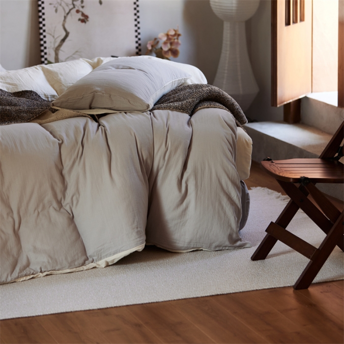 91家纺网 家纺一手货源 找家纺 安莱生活 2022新款全棉双层纱纯色四件套--侘寂风 奶盐