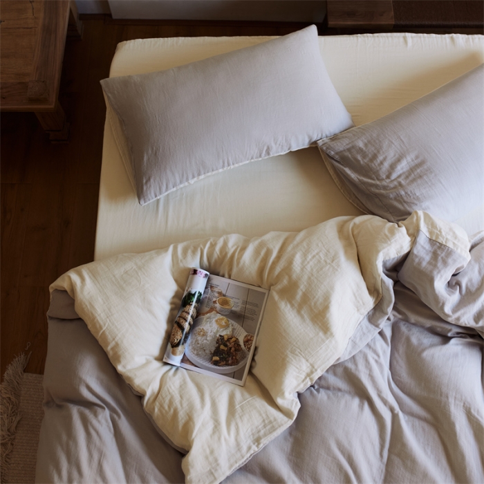 91家纺网 家纺一手货源 找家纺 安莱生活 2022新款全棉双层纱纯色四件套--侘寂风 奶盐