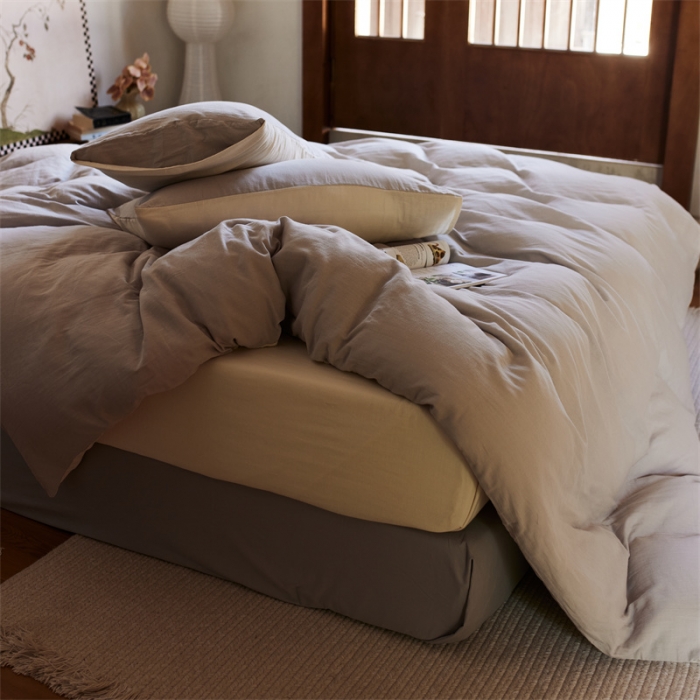 91家纺网 家纺一手货源 找家纺 安莱生活 2022新款全棉双层纱纯色四件套--侘寂风 奶盐