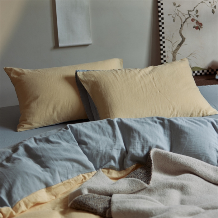 91家纺网 家纺一手货源 找家纺 安莱生活 2022新款全棉双层纱纯色四件套--侘寂风 柠檬