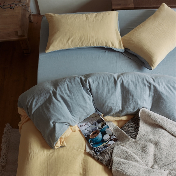 91家纺网 家纺一手货源 找家纺 安莱生活 2022新款全棉双层纱纯色四件套--侘寂风 柠檬