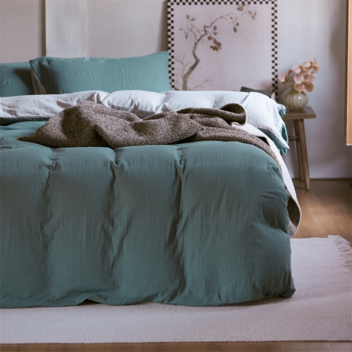 91家纺网 家纺一手货源 找家纺 安莱生活 2022新款全棉双层纱纯色四件套--侘寂风 青绿