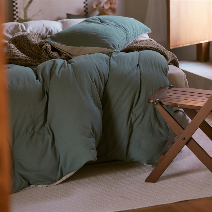 91家纺网 家纺一手货源 找家纺 安莱生活 2022新款全棉双层纱纯色四件套--侘寂风 青绿