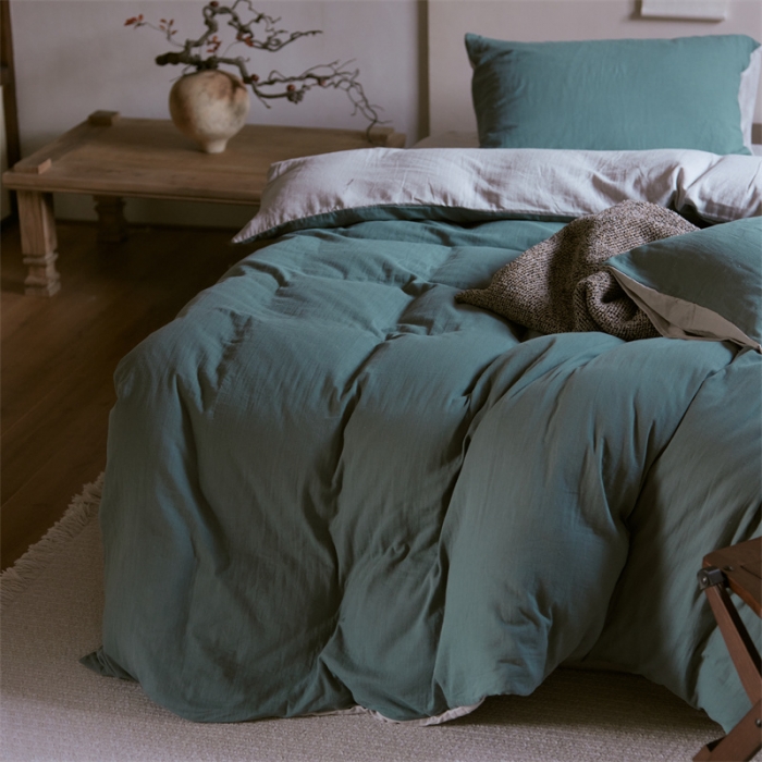 91家纺网 家纺一手货源 找家纺 安莱生活 2022新款全棉双层纱纯色四件套--侘寂风 青绿