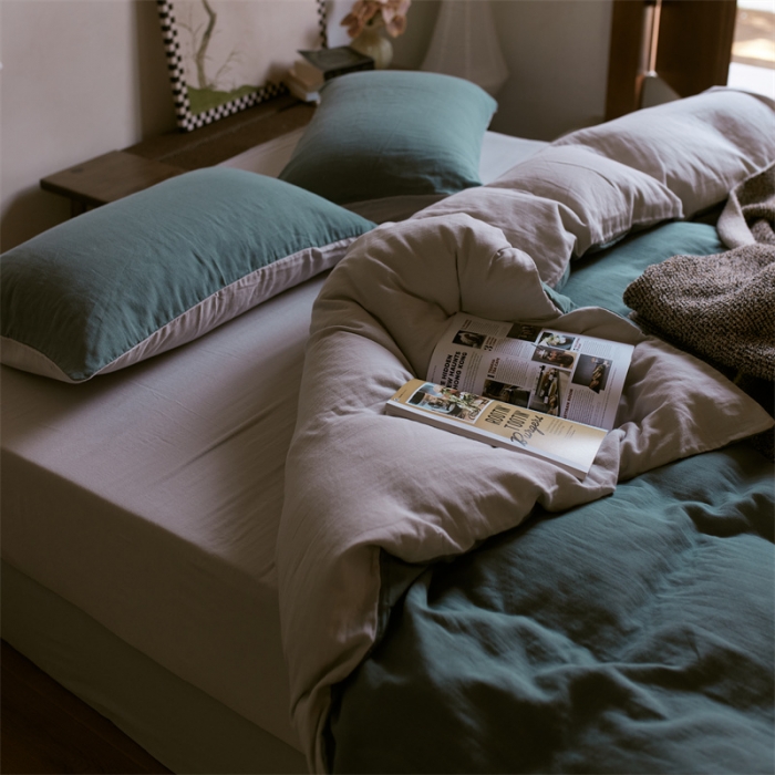 91家纺网 家纺一手货源 找家纺 安莱生活 2022新款全棉双层纱纯色四件套--侘寂风 青绿