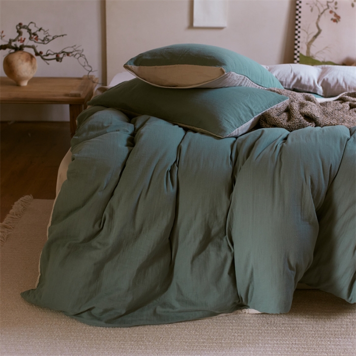 91家纺网 家纺一手货源 找家纺 安莱生活 2022新款全棉双层纱纯色四件套--侘寂风 青绿
