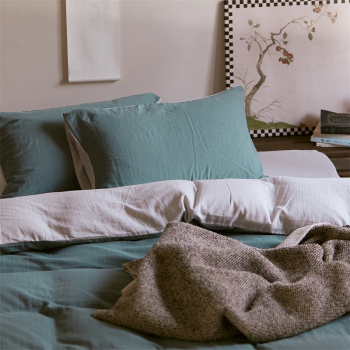 91家纺网 家纺一手货源 找家纺 安莱生活 2022新款全棉双层纱纯色四件套--侘寂风 青绿