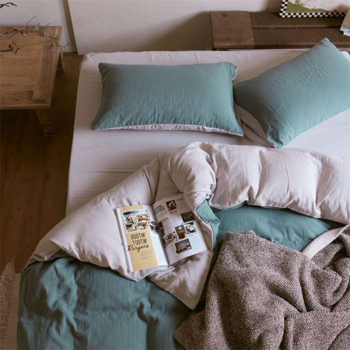 91家纺网 家纺一手货源 找家纺 安莱生活 2022新款全棉双层纱纯色四件套--侘寂风 青绿