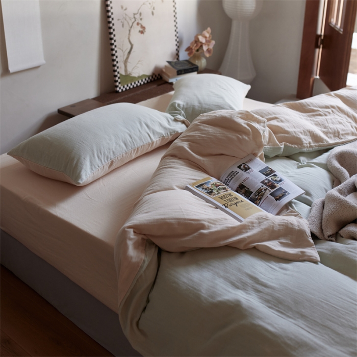 91家纺网 家纺一手货源 找家纺 安莱生活 2022新款全棉双层纱纯色四件套--侘寂风 青杏