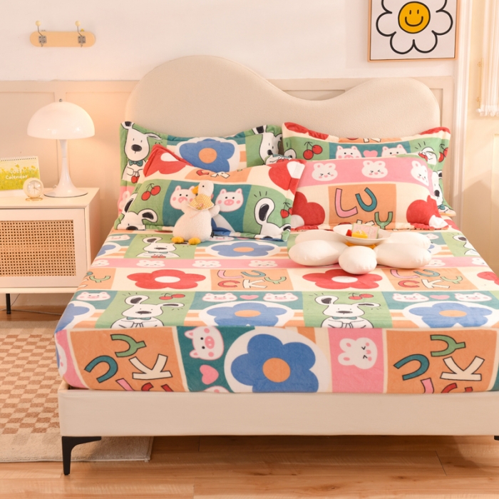 91家纺网 家纺一手货源 找家纺 甜之梦2025新款印花牛奶绒单品床笠可定制任何尺寸（可接异型缺角） 萌宠跳跳