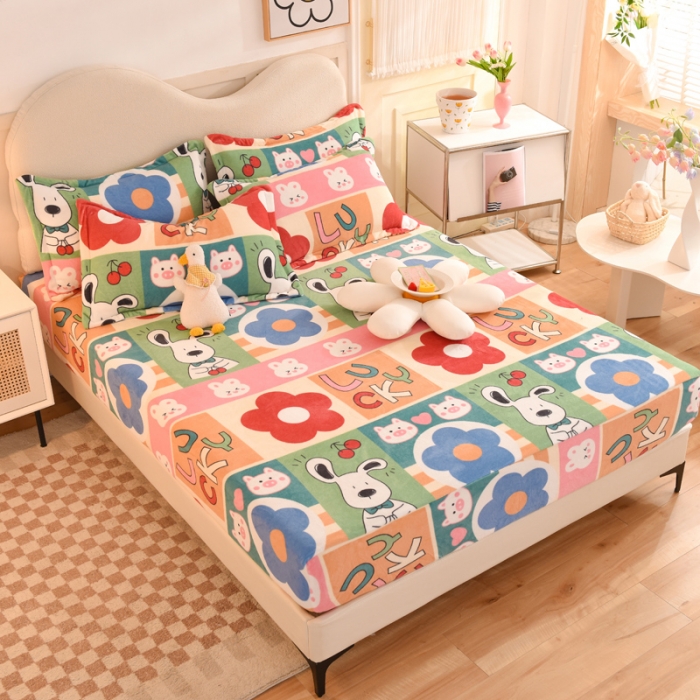 91家纺网 家纺一手货源 找家纺 甜之梦2025新款印花牛奶绒单品床笠可定制任何尺寸（可接异型缺角） 萌宠跳跳