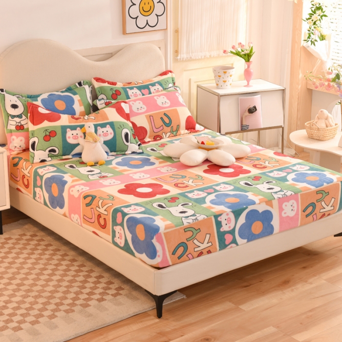 91家纺网 家纺一手货源 找家纺 甜之梦2025新款印花牛奶绒单品床笠可定制任何尺寸（可接异型缺角） 萌宠跳跳