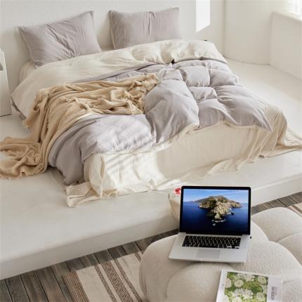 91家纺网 家纺一手货源 找家纺 （总）安莱生活 2022新款全棉双层纱纯色四件套--简约风