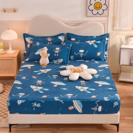 甜之梦2025新款印花牛奶绒单品床笠可定制任何尺寸（可接异型缺角） 太空机器人北卡蓝