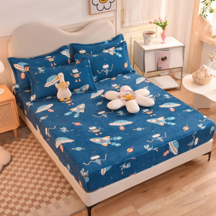 91家纺网 家纺一手货源 找家纺 甜之梦2025新款印花牛奶绒单品床笠可定制任何尺寸（可接异型缺角） 太空机器人北卡蓝