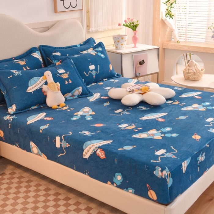 91家纺网 家纺一手货源 找家纺 甜之梦2025新款印花牛奶绒单品床笠可定制任何尺寸（可接异型缺角） 太空机器人北卡蓝