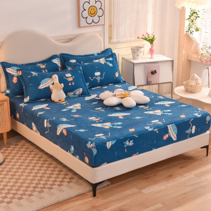 91家纺网 家纺一手货源 找家纺 甜之梦2025新款印花牛奶绒单品床笠可定制任何尺寸（可接异型缺角） 太空机器人北卡蓝