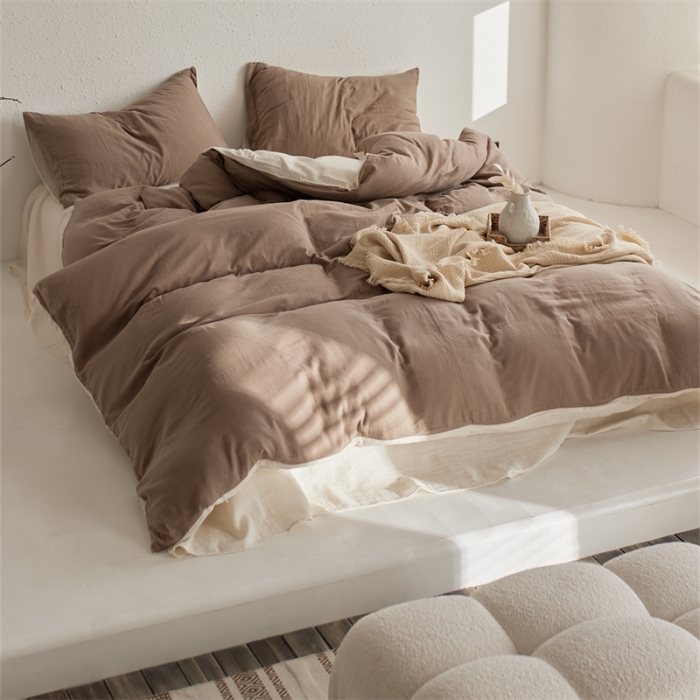 91家纺网 家纺一手货源 找家纺 （总）安莱生活 2022新款全棉双层纱纯色四件套--简约风