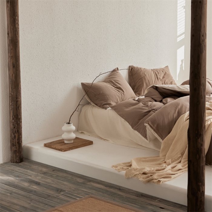 91家纺网 家纺一手货源 找家纺 （总）安莱生活 2022新款全棉双层纱纯色四件套--简约风