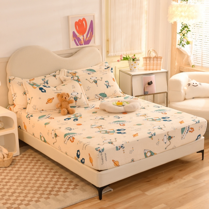 91家纺网 家纺一手货源 找家纺 甜之梦2025新款印花牛奶绒单品床笠可定制任何尺寸（可接异型缺角） 太空机器人米白