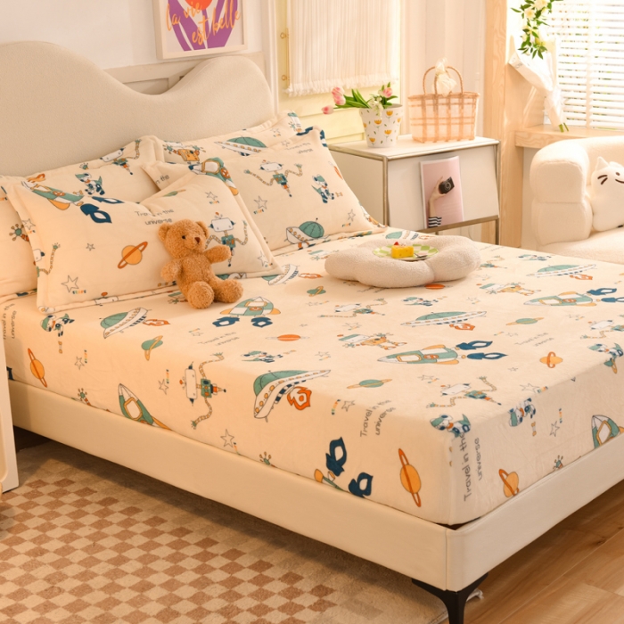 91家纺网 家纺一手货源 找家纺 甜之梦2025新款印花牛奶绒单品床笠可定制任何尺寸（可接异型缺角） 太空机器人米白