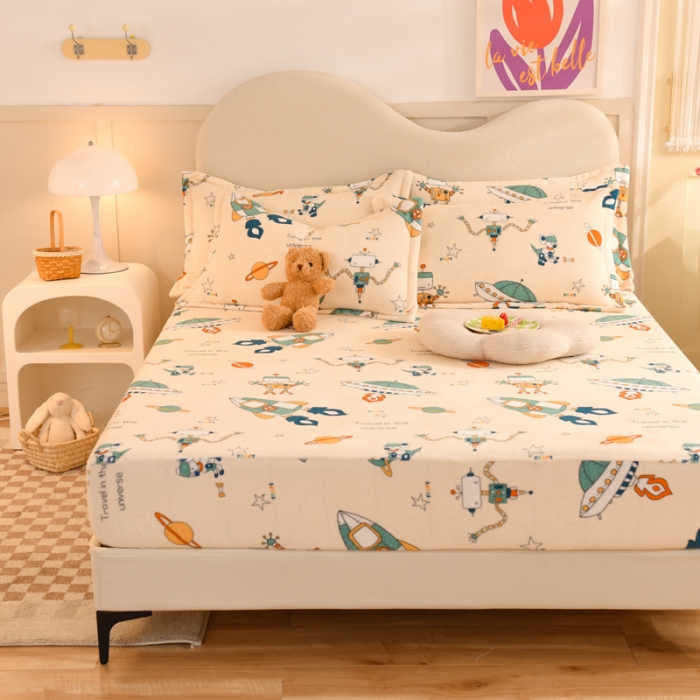 91家纺网 家纺一手货源 找家纺 甜之梦2025新款印花牛奶绒单品床笠可定制任何尺寸（可接异型缺角） 太空机器人米白