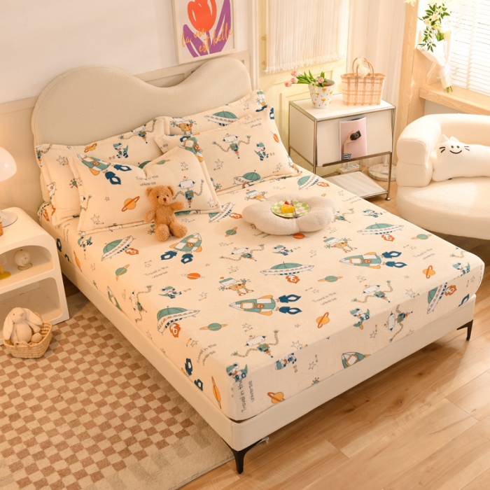 91家纺网 家纺一手货源 找家纺 甜之梦2025新款印花牛奶绒单品床笠可定制任何尺寸（可接异型缺角） 太空机器人米白