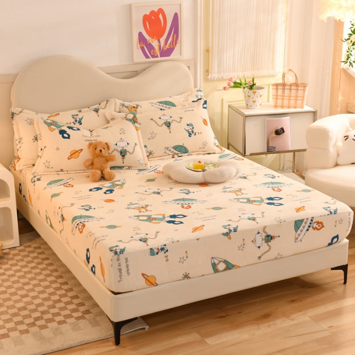 91家纺网 家纺一手货源 找家纺 甜之梦2025新款印花牛奶绒单品床笠可定制任何尺寸（可接异型缺角） 太空机器人米白