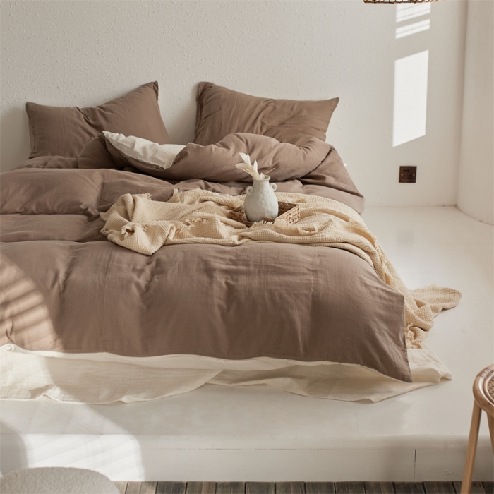 91家纺网 家纺一手货源 找家纺 安莱生活 2022新款全棉双层纱纯色四件套--简约风 澳白