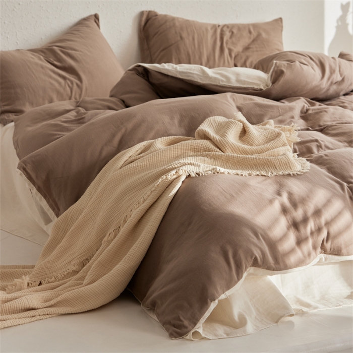 91家纺网 家纺一手货源 找家纺 安莱生活 2022新款全棉双层纱纯色四件套--简约风 澳白