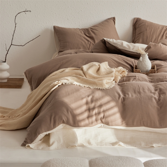 91家纺网 家纺一手货源 找家纺 安莱生活 2022新款全棉双层纱纯色四件套--简约风 澳白