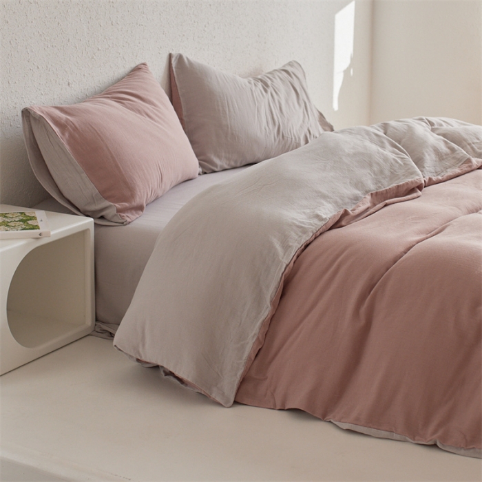 91家纺网 家纺一手货源 找家纺 安莱生活 2022新款全棉双层纱纯色四件套--简约风 灰粉