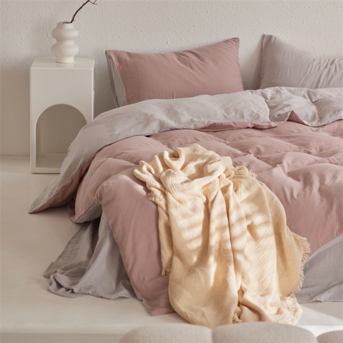 91家纺网 家纺一手货源 找家纺 安莱生活 2022新款全棉双层纱纯色四件套--简约风 灰粉