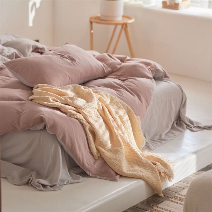 91家纺网 家纺一手货源 找家纺 安莱生活 2022新款全棉双层纱纯色四件套--简约风 灰粉