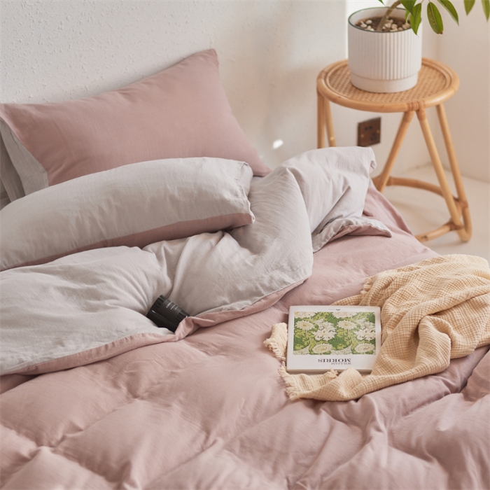 91家纺网 家纺一手货源 找家纺 安莱生活 2022新款全棉双层纱纯色四件套--简约风 灰粉