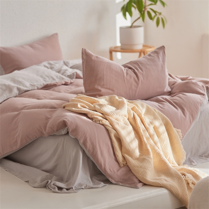 91家纺网 家纺一手货源 找家纺 安莱生活 2022新款全棉双层纱纯色四件套--简约风 灰粉