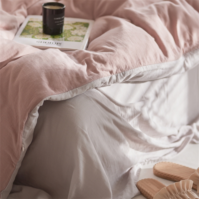 91家纺网 家纺一手货源 找家纺 安莱生活 2022新款全棉双层纱纯色四件套--简约风 灰粉