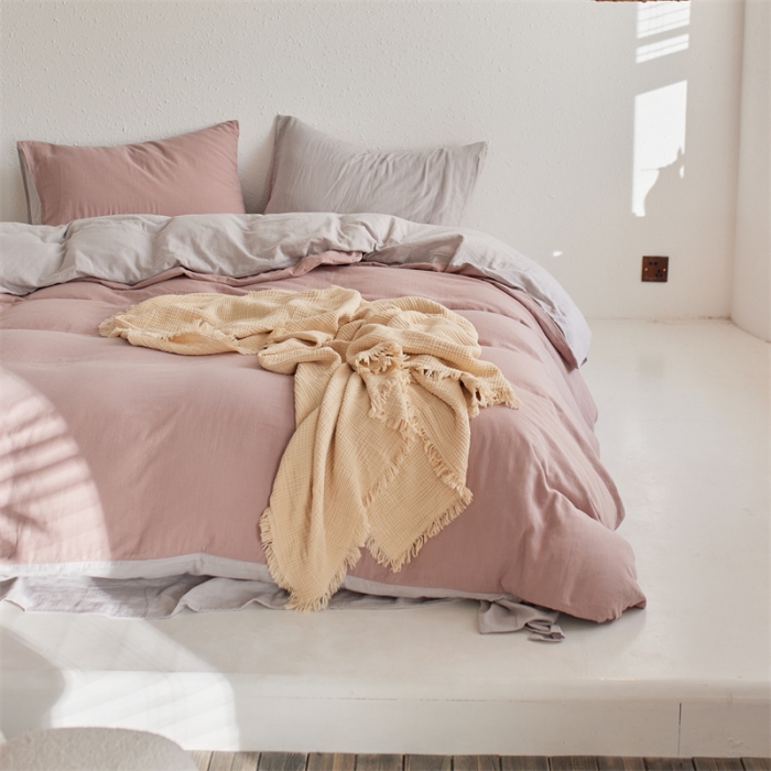 91家纺网 家纺一手货源 找家纺 安莱生活 2022新款全棉双层纱纯色四件套--简约风 灰粉