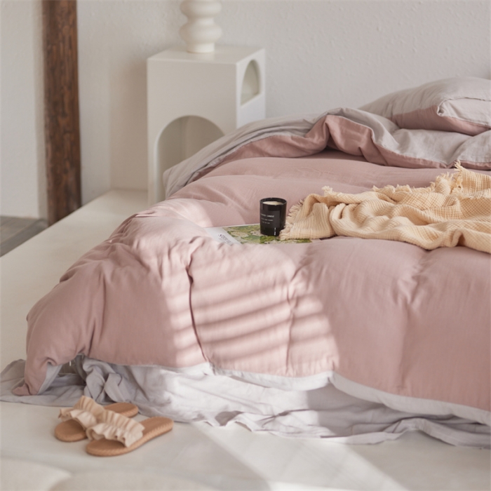 91家纺网 家纺一手货源 找家纺 安莱生活 2022新款全棉双层纱纯色四件套--简约风 灰粉