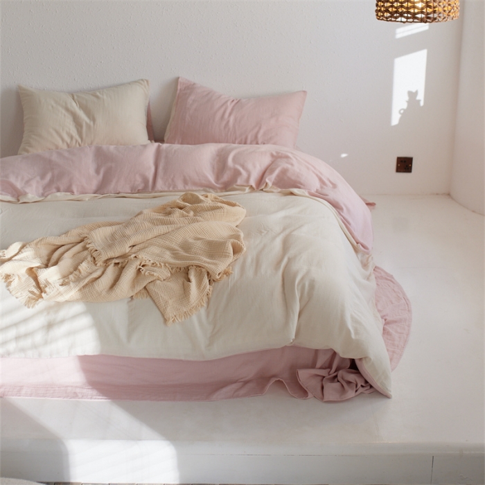 91家纺网 家纺一手货源 找家纺 安莱生活 2022新款全棉双层纱纯色四件套--简约风 奶粉